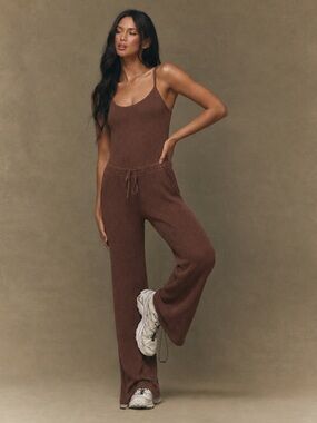 SET Active Waffle Knit One Piece Ribbed Wide-Leg Jumpsuit in Brown